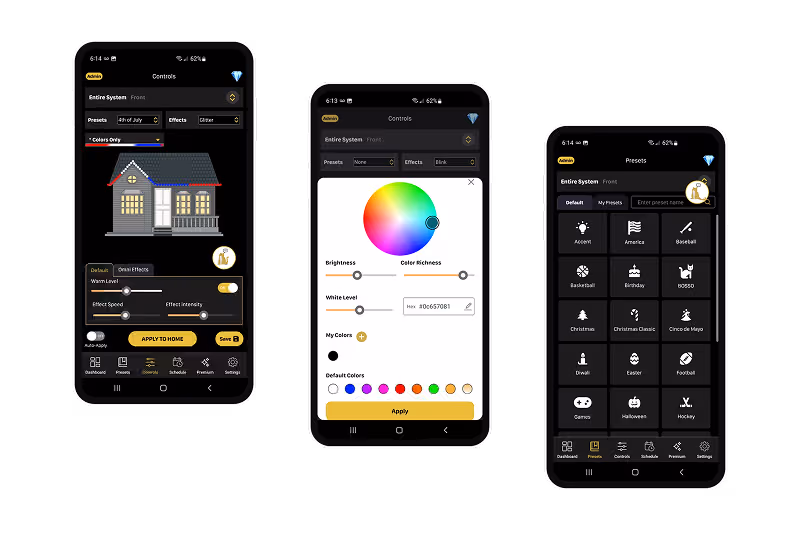 Permanent lighting mobile app to customize light settings, brightness, and themes.