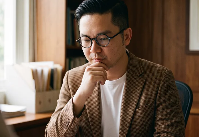 Asian man wearing glasses and a tweed jacket sitting thoughtfully at his office desk