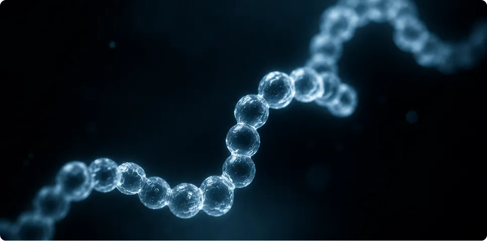 Microscopic view of a glowing molecular chain or cellular structure