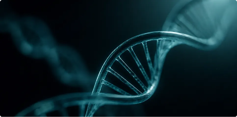 Glowing blue 3D render of a double helix DNA strand in a dark digital space