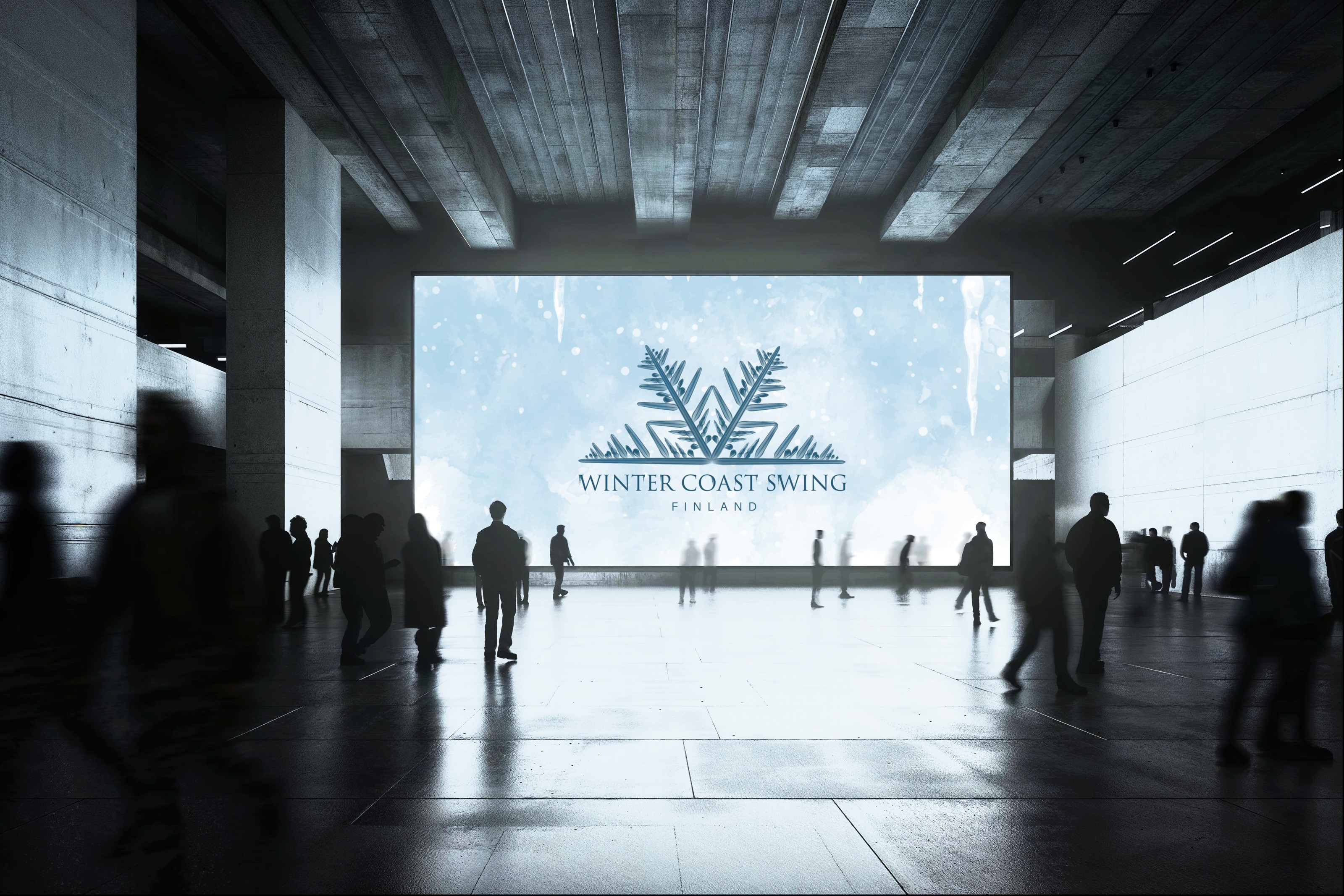 Winter Coast Swing logo on a large venue screen