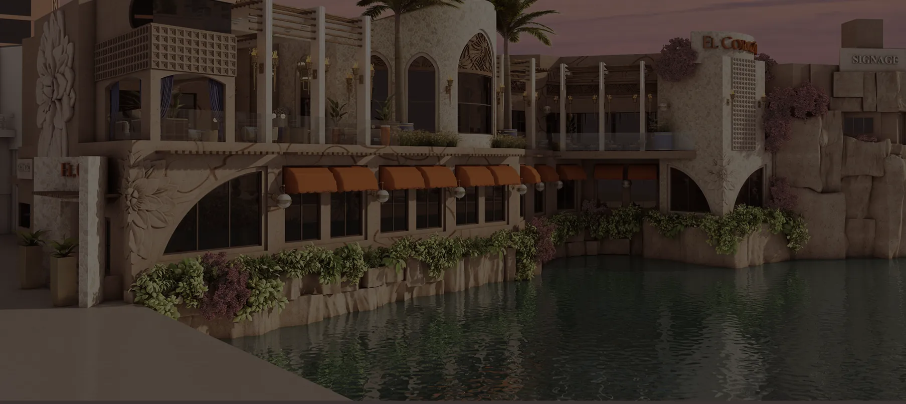 Dusk render of the El Corazón waterfront exterior along the resort lagoon