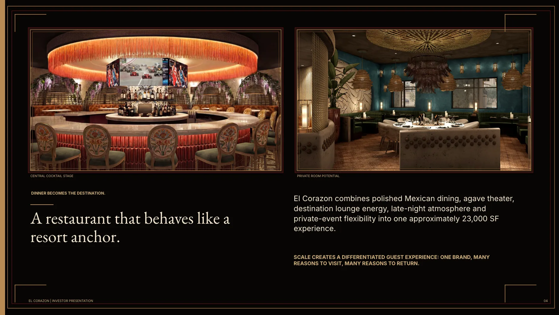 Deck slide: El Corazón as resort anchor, showing the central cocktail stage and private dining room across 23,000 SF