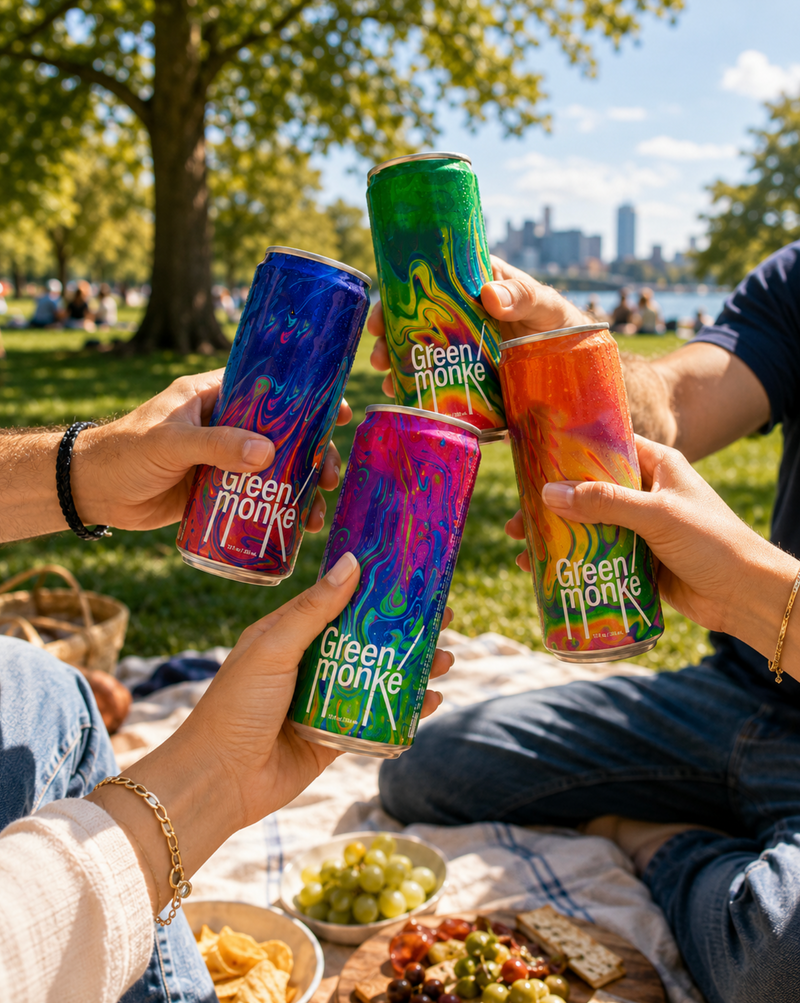 Friends laughing together at a skatepark holding cans of Green Monké