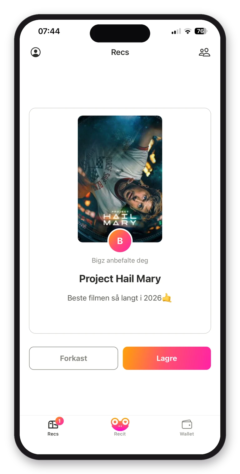 Recit-appen viser en rec: Bigz anbefalte filmen Project Hail Mary