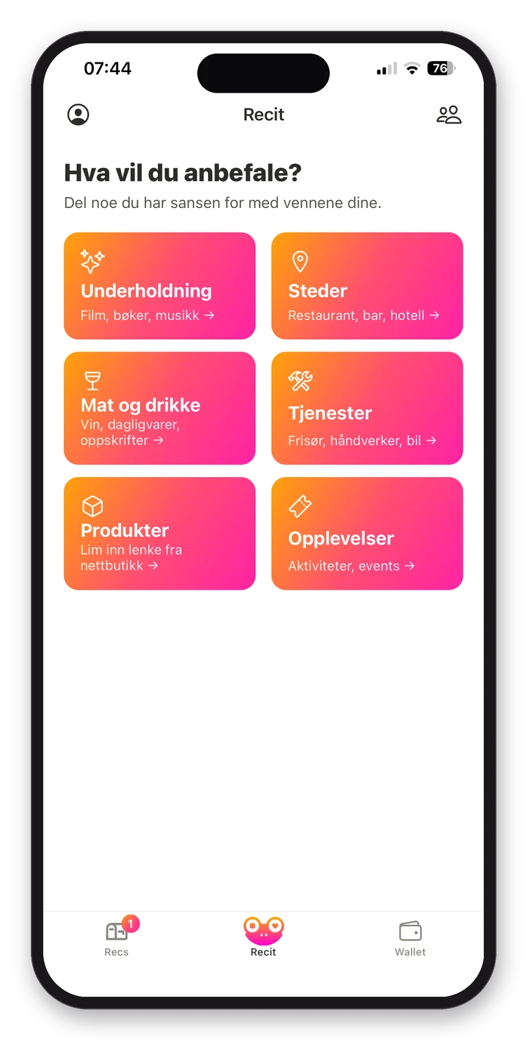 Recit-appens kategorier: underholdning, steder, mat og drikke, tjenester, produkter og opplevelser