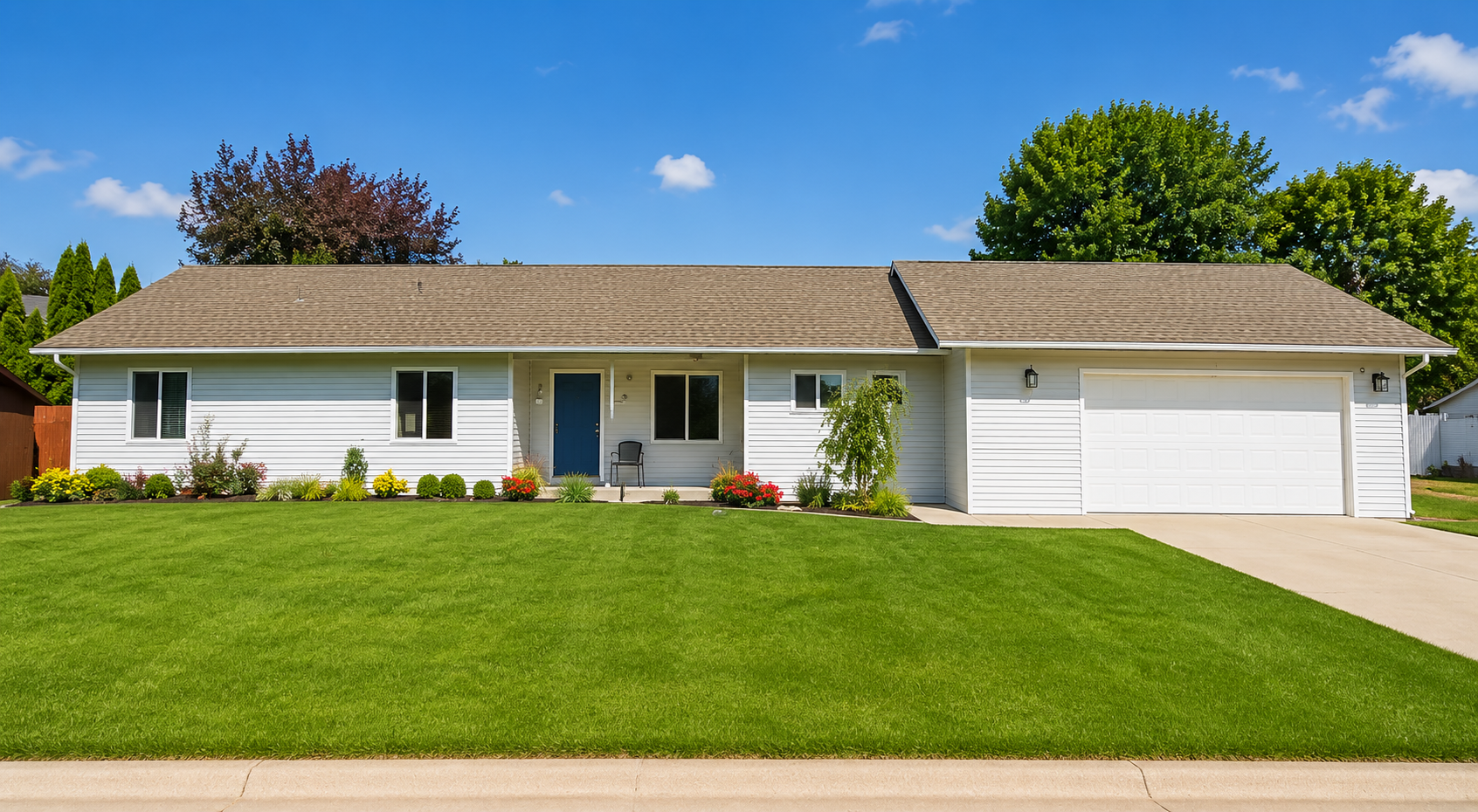 Single-story white house with a brown roof, blue front door, attached two-car garage, manicured green lawn, and landscaped flower beds under a clear blue sky.