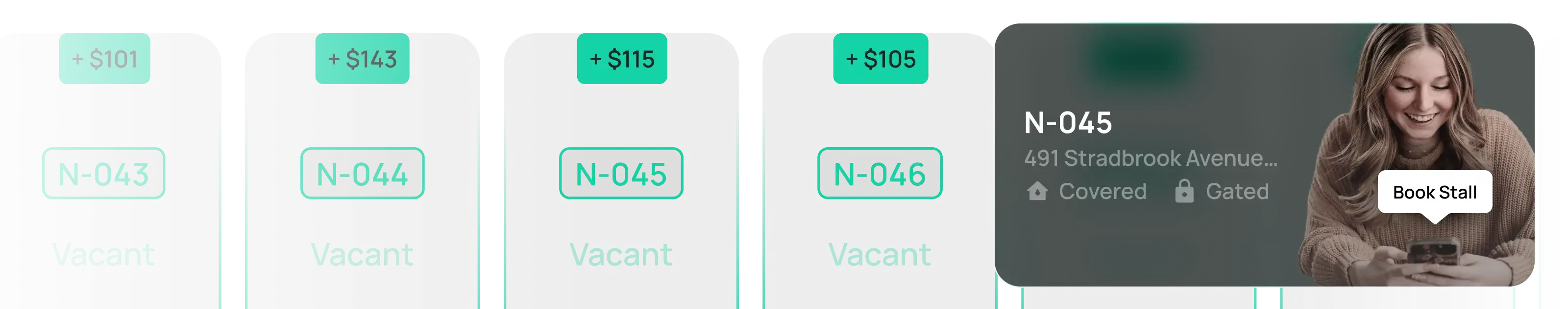 Vacant parking stalls listed with added monthly revenue amounts, and a driver booking a stall through the GrydPark app
