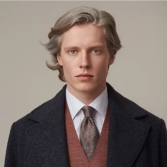 Young man with wavy blond hair wearing a dark coat, brown vest, white shirt, and patterned tie.