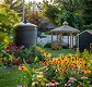 Lush garden with colorful flowers, a propane tank, and a small greenhouse in the background.