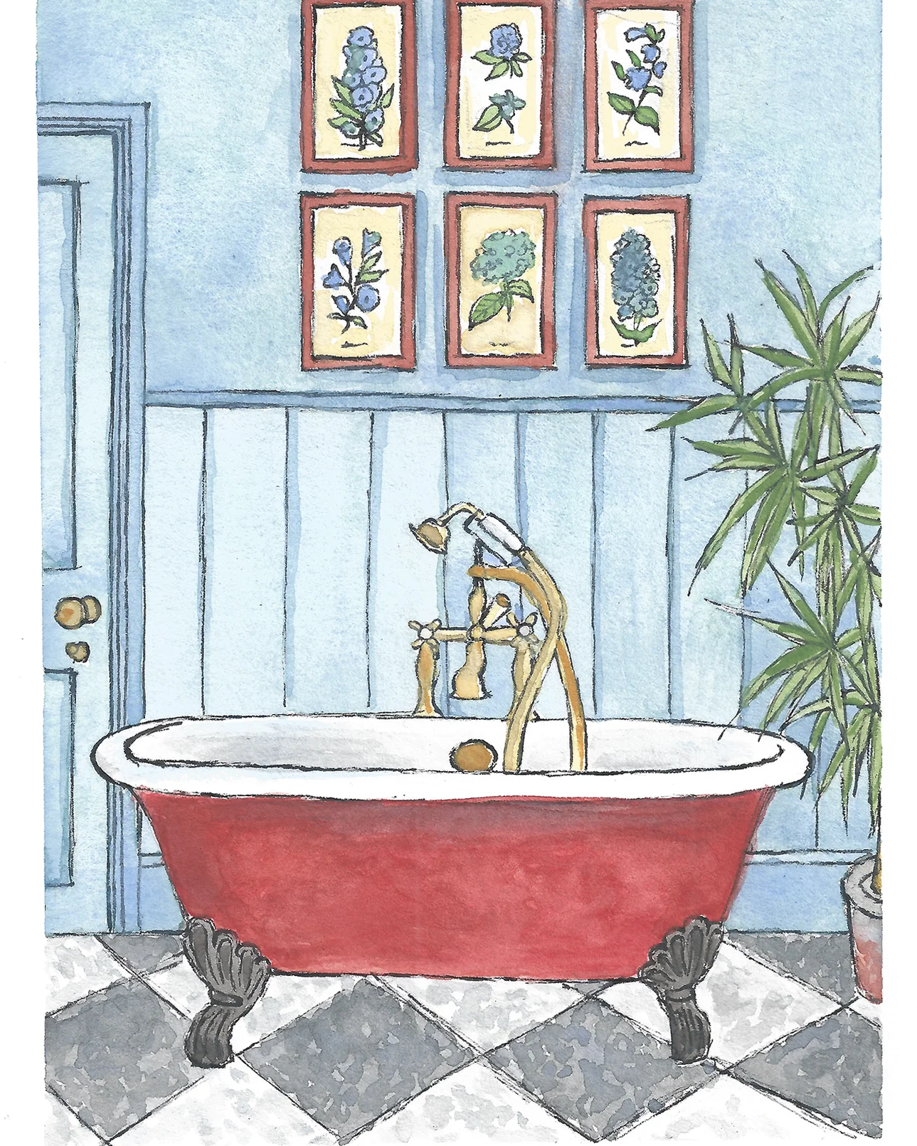 Painting of a bathroom designed by Uns Hobs Interiors, watercolor on paper