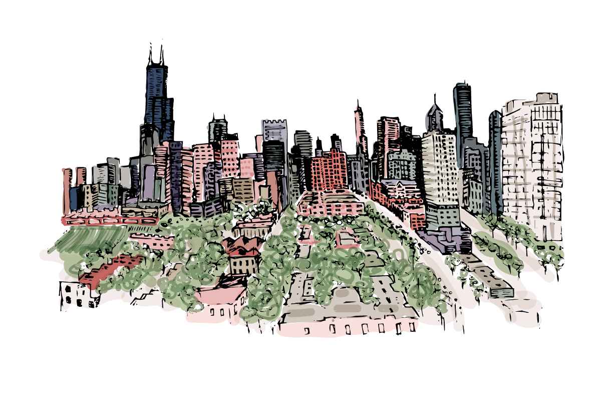 Chicago Skyline, pen on paper, digitized