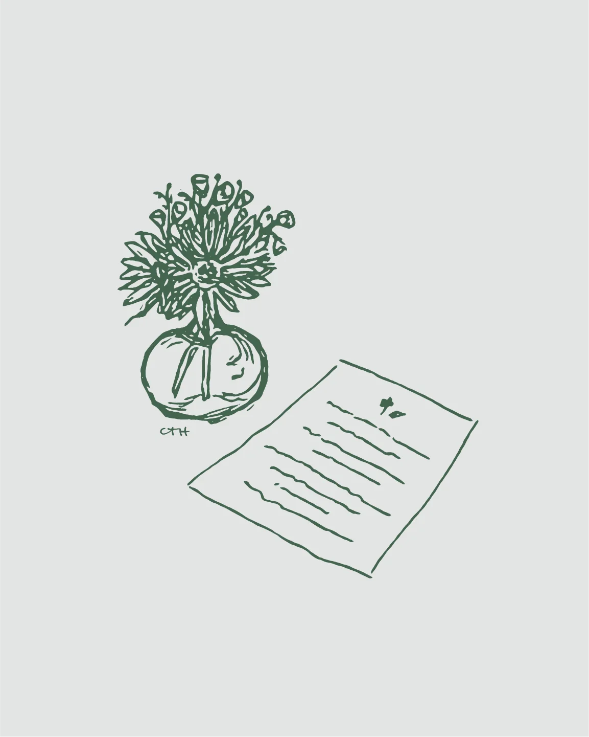 Menu + bud vase, pen on paper, digitized