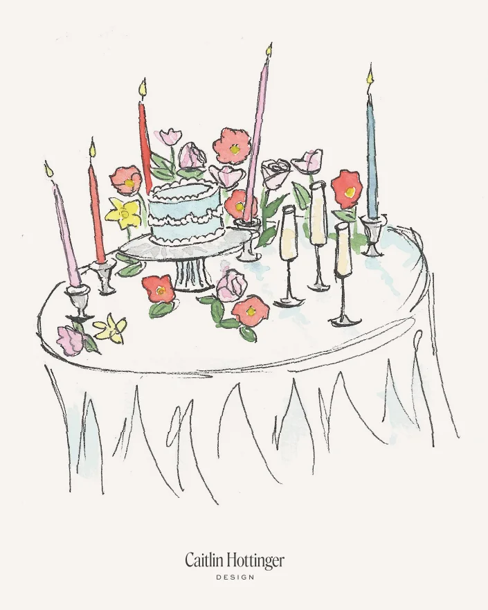 Floral celebration tablescape, watercolor on paper
