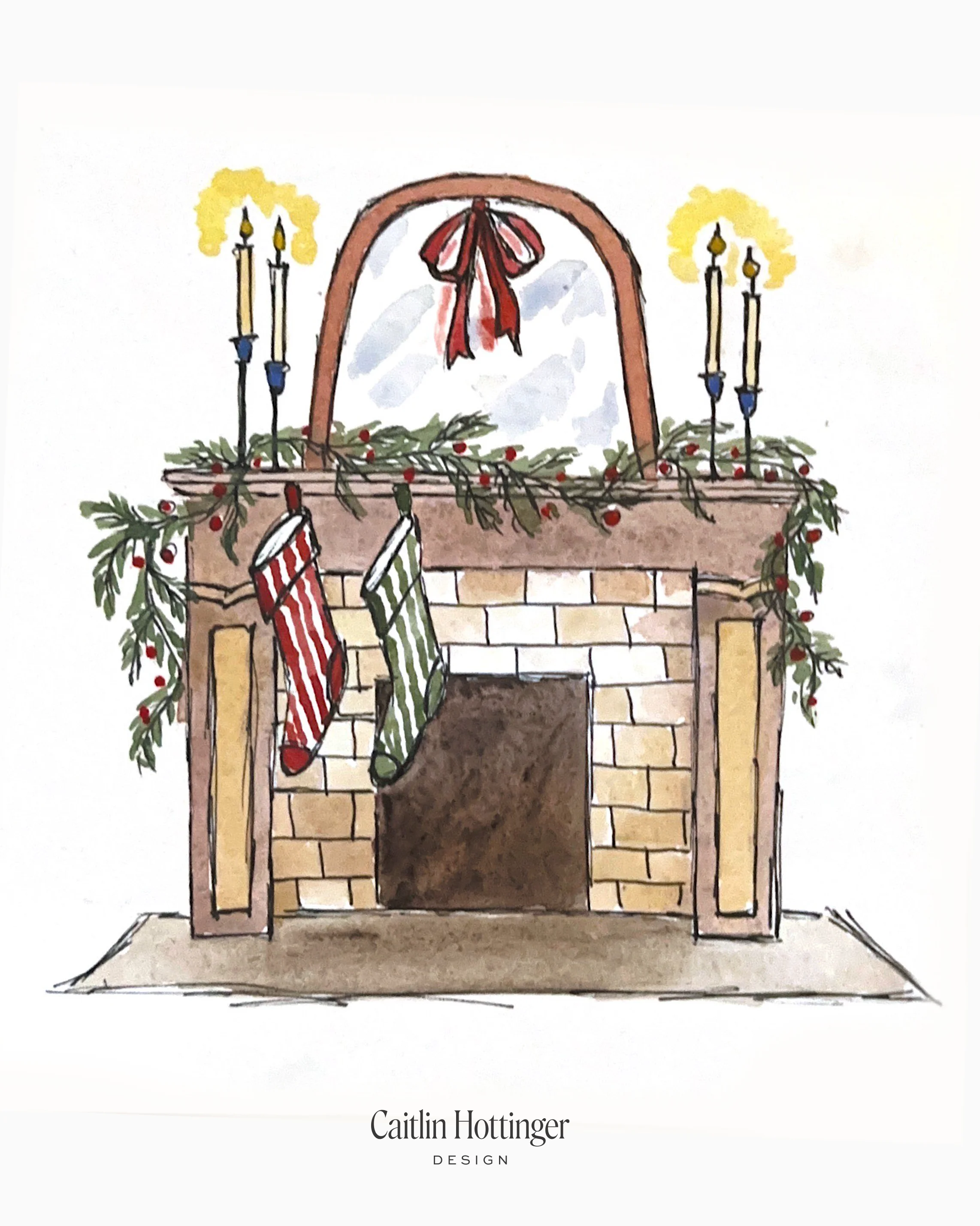 Christmastime fireplace, watercolor on paper