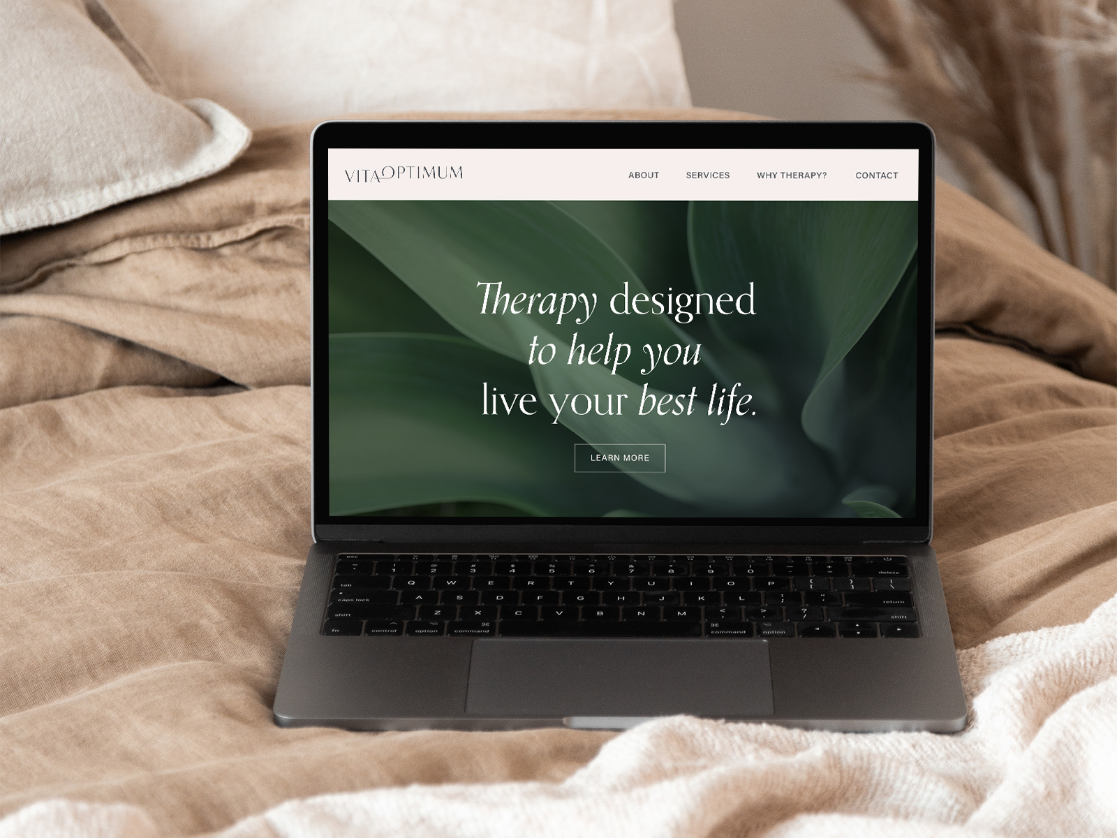 Tablet displaying Blue Sage Psychotherapy Group logo with stylized plant and landscape, menu icon, a photo of smiling people, and partial text about psychologists focused on helping.