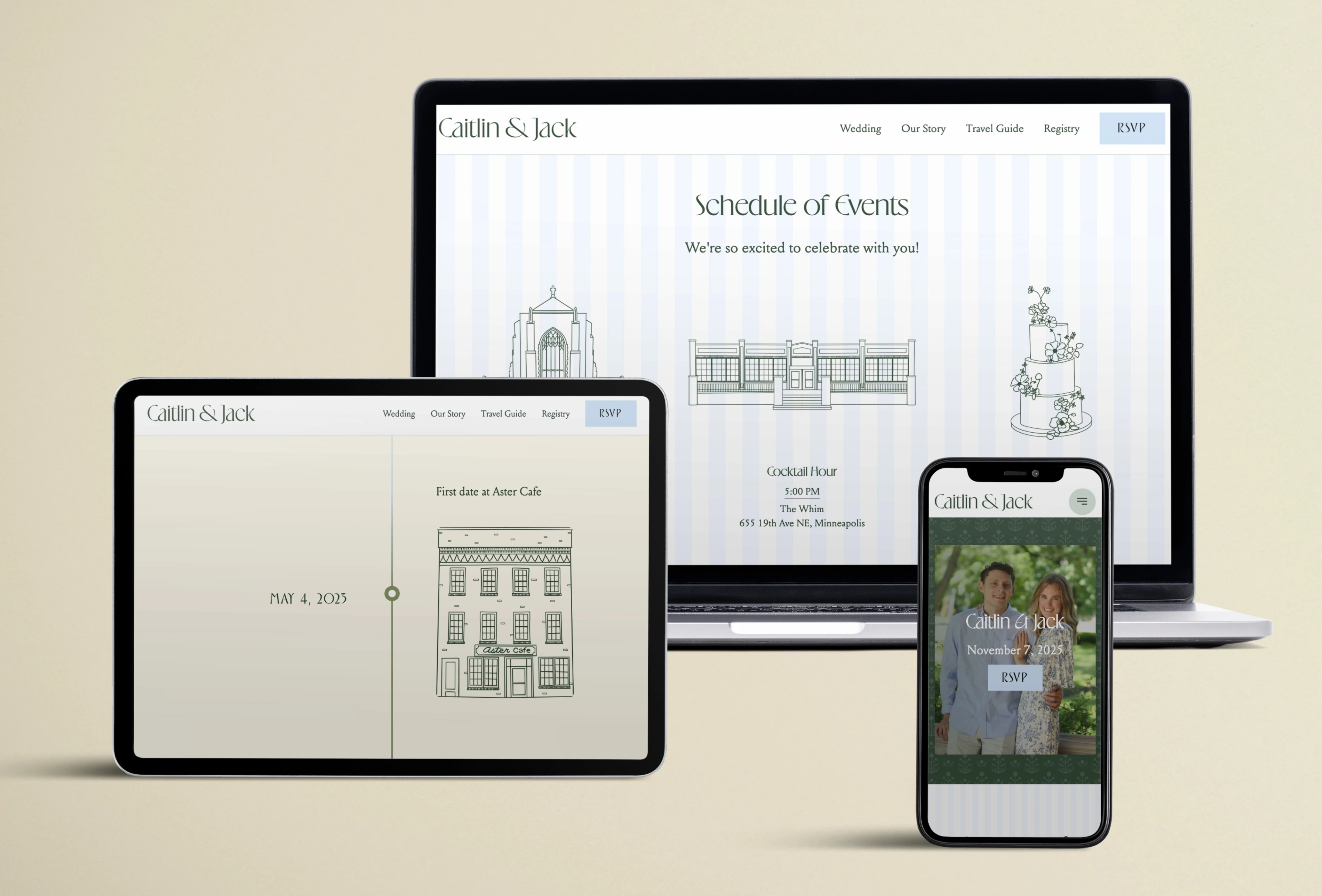 Website mockup of Caitlin & Jack's wedding site displayed on laptop, tablet, and smartphone showing event schedule, first date at Aster Cafe, and RSVP button.