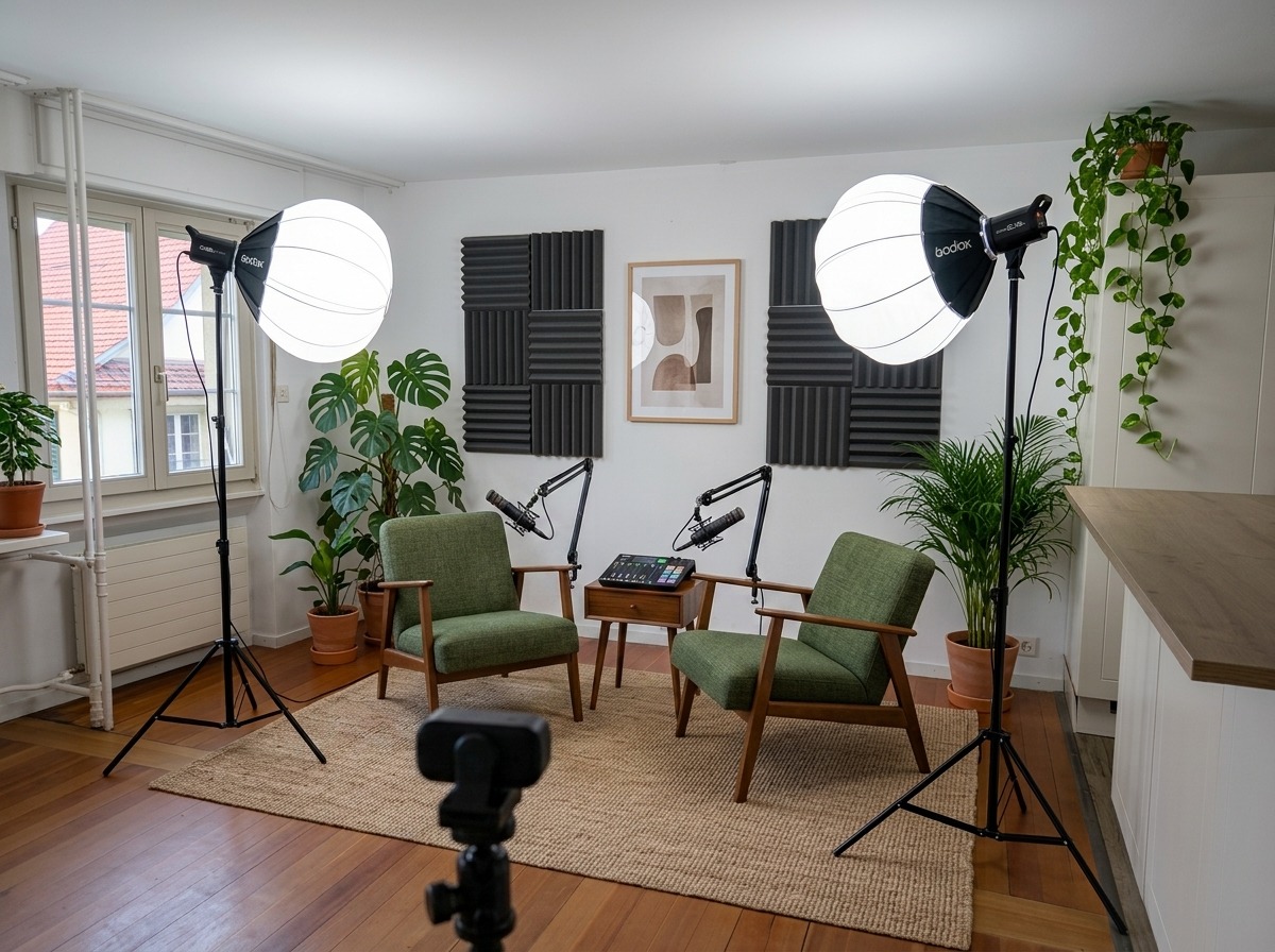 Podcast Studio Sursee – Aufnahmeraum mit Kamera, Akustikpanels und gemütlicher Lounge-Ecke