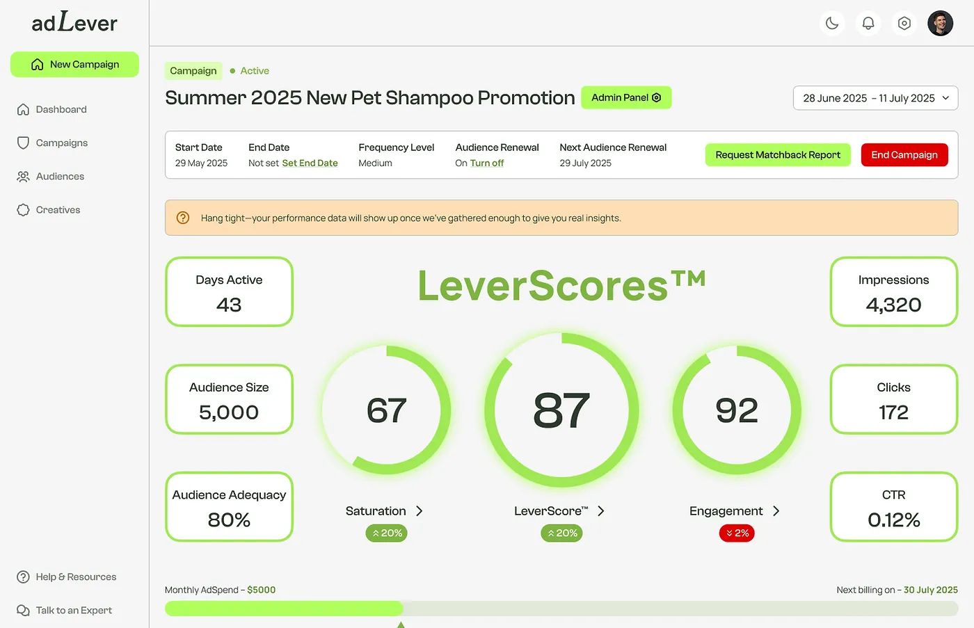 AdLever campaign dashboard