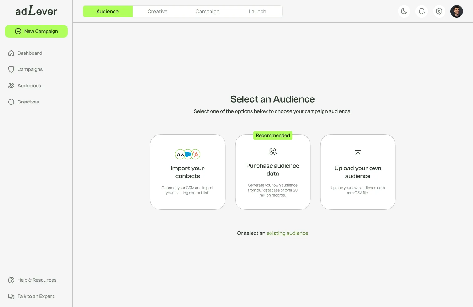 AdLever audience and campaign setup