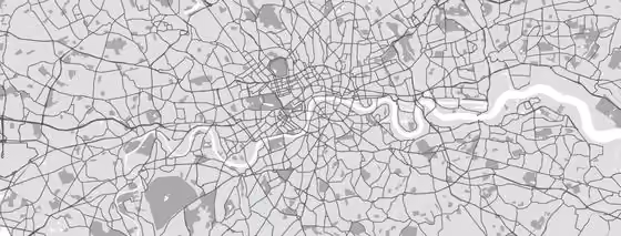 Gray-scale map of central London showing major roads, the River Thames curving through the middle, and surrounding urban areas in detail.
