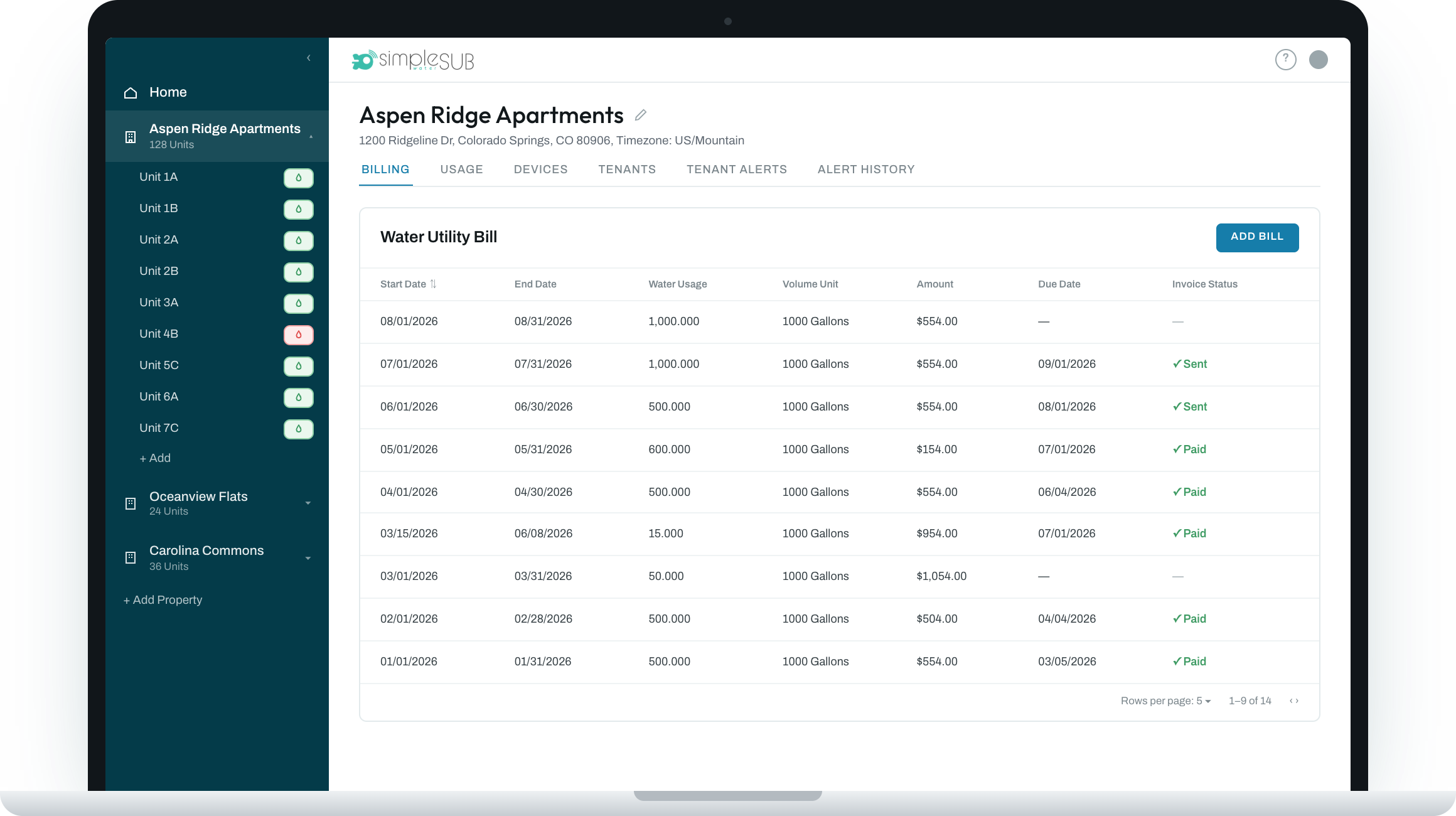SimpleSUB water app on a laptop — Aspen Ridge Apartments water utility bill list