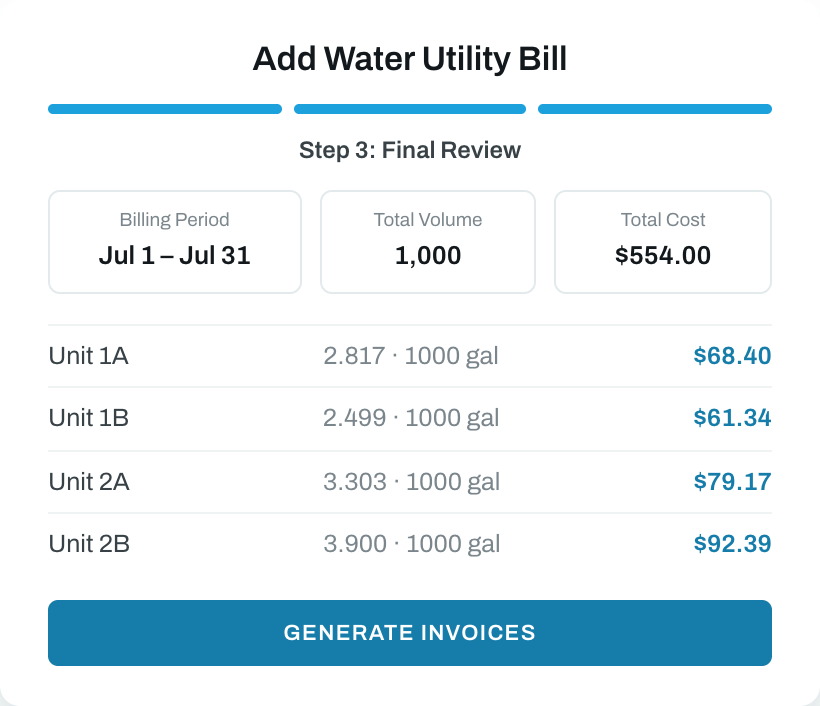 Add Water Utility Bill — step 3 final review with per-unit invoice amounts