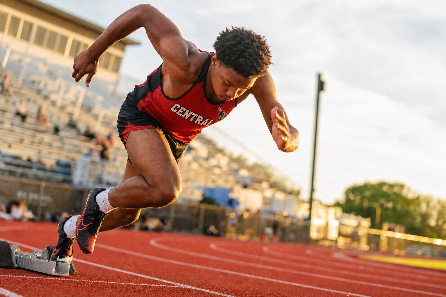 Athlete in starting blocks during sports performance training at Lumen Athletics in Cheyenne, WY.