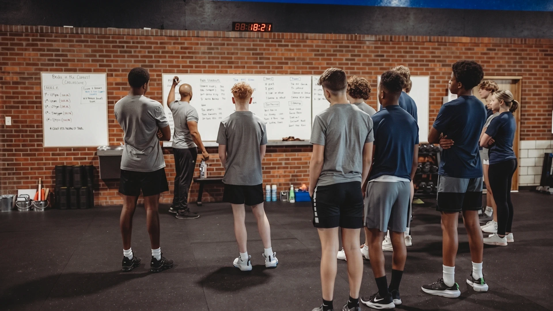A coach writing on a whiteboard while a group of teen athletes in athletic wear stands and listens during an After School Athlete Development (ASAD) session at Lumen Athletics in Cheyenne, WY.