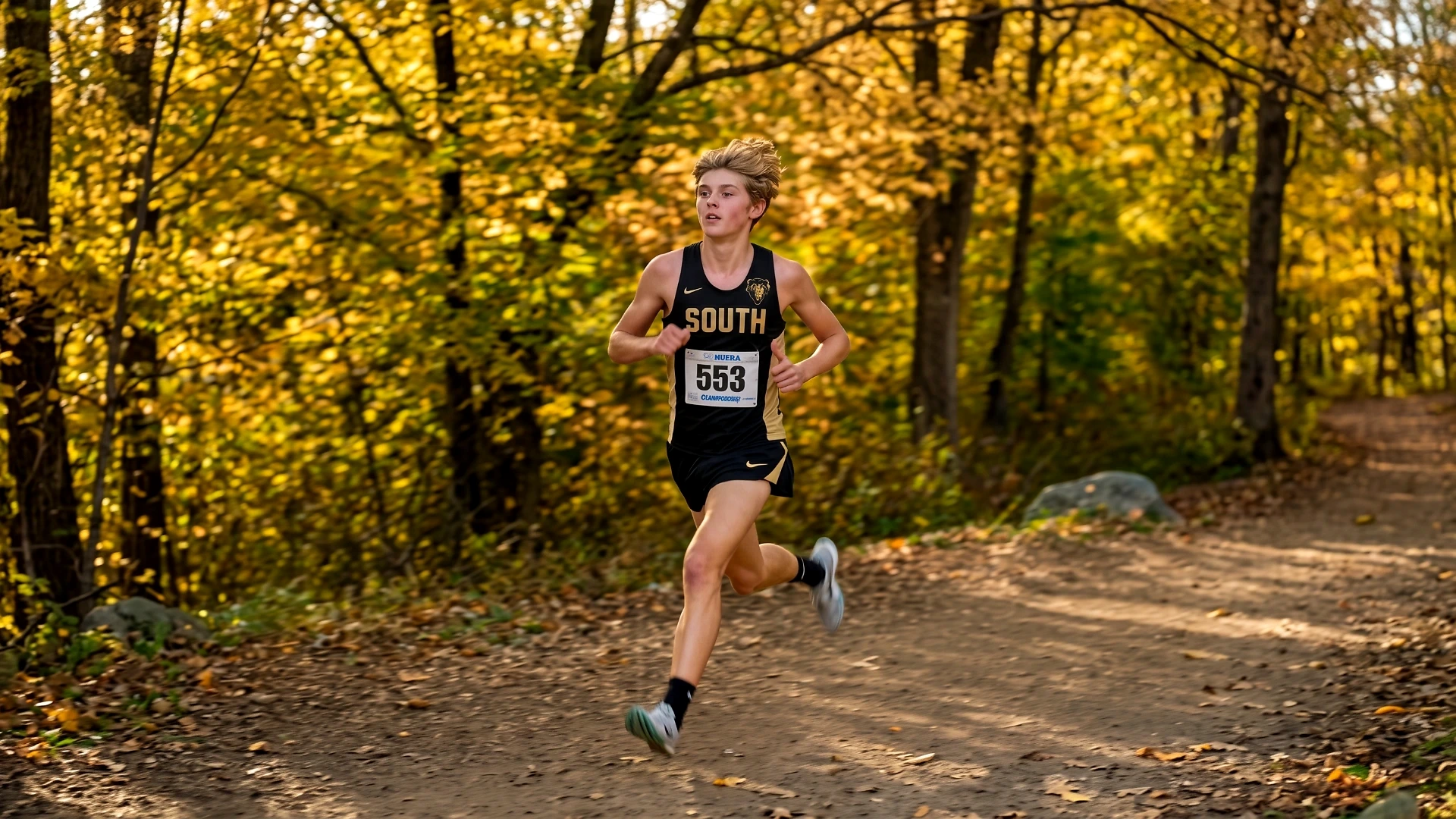 A young cross-country athlete wearing a black and gold 'South' uniform runs mid-stride on a forested dirt trail, highlighting youth endurance and sports performance training at Lumen Athletics in Cheyenne, WY.