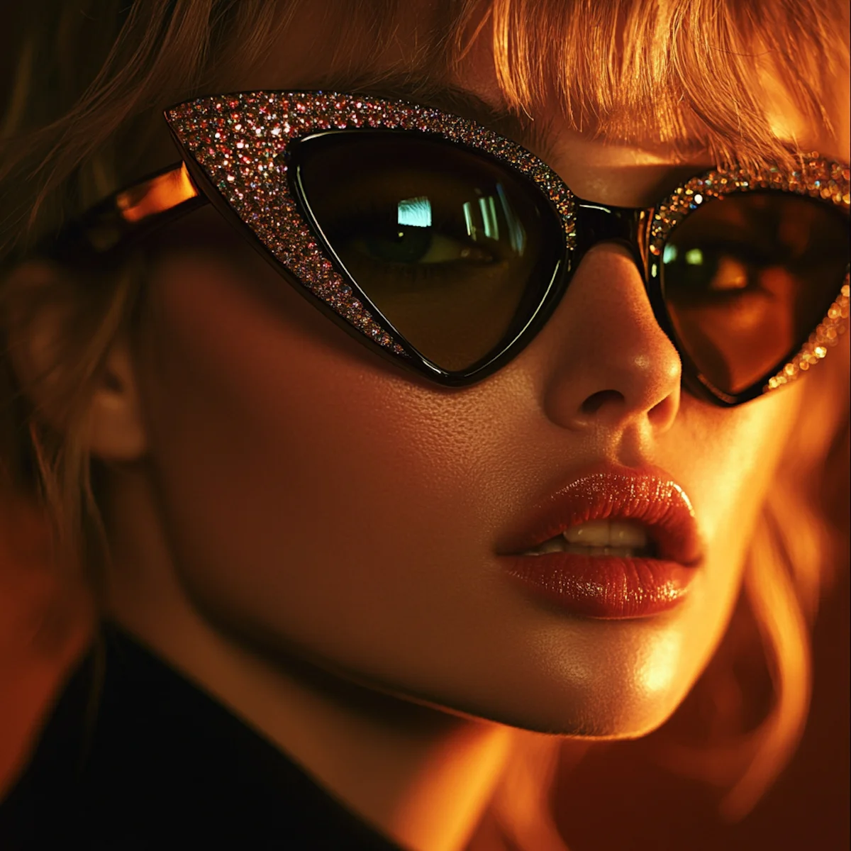 Close-up of woman wearing glittery cat-eye sunglasses with red lips and soft orange lighting.