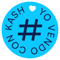 Etiqueta circular azul con un símbolo de numeral grande en el centro y el texto en mayúsculas alrededor que dice "CON KASH YO VENDO", con un pequeño corazón blanco en la parte superior.