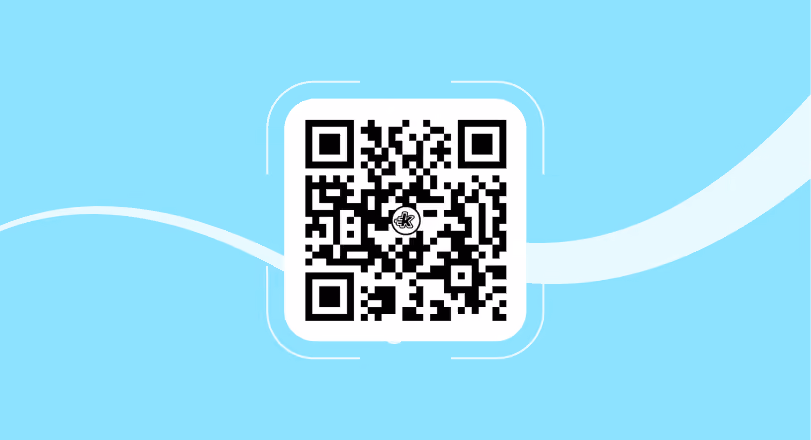 Código QR negro y blanco sobre un fondo azul claro con líneas onduladas blancas.