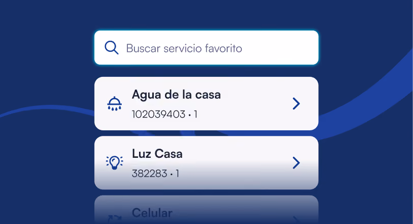 Pantalla de una aplicación con barra de búsqueda en la parte superior que dice 'Buscar servicio favorito', seguida por dos opciones: 'Agua de la casa' con un icono de ducha y número 102039403, y 'Luz Casa' con un icono de bombilla y número 382283.