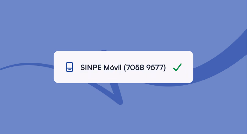 Un recuadro blanco con el texto 'SINPE Móvil (7058 9577)' acompañado de un icono de teléfono y una marca de verificación verde en un fondo azul.