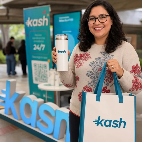 Mujer sonriendo con una bolsa de Kash en un evento
