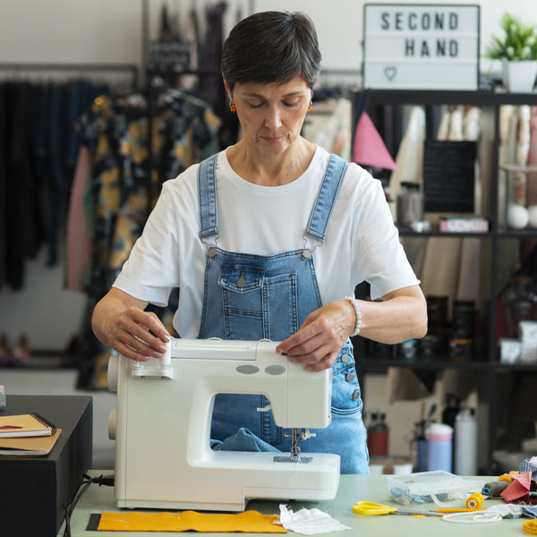 Mujer cosiendo con una máquina de coser en su tienda de ropa de segunda mano