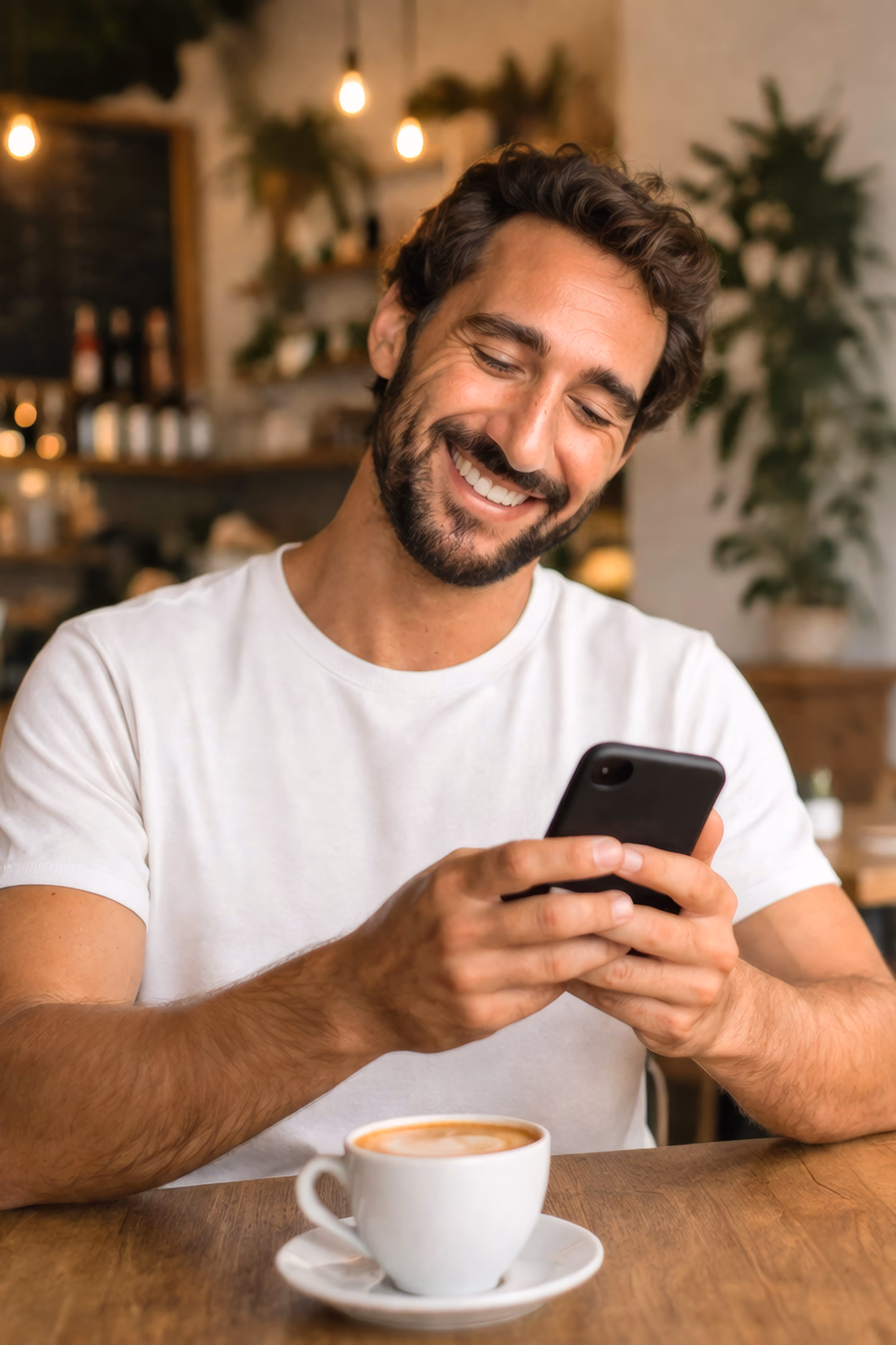 Hombre sonriendo mientras usa su teléfono en una cafetería, con una taza de café sobre la mesa.