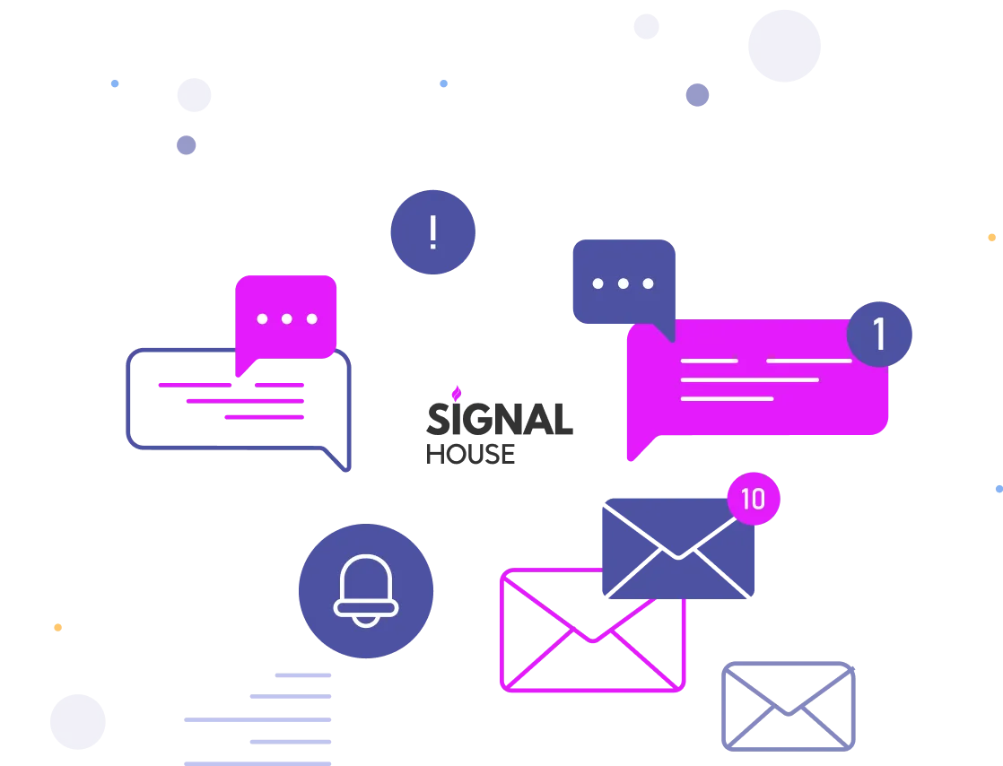 Illustration of chat and message icons including speech bubbles with dots, notification badges showing numbers 1 and 10, an envelope icon, a bell notification symbol, and an exclamation mark on a dark background.