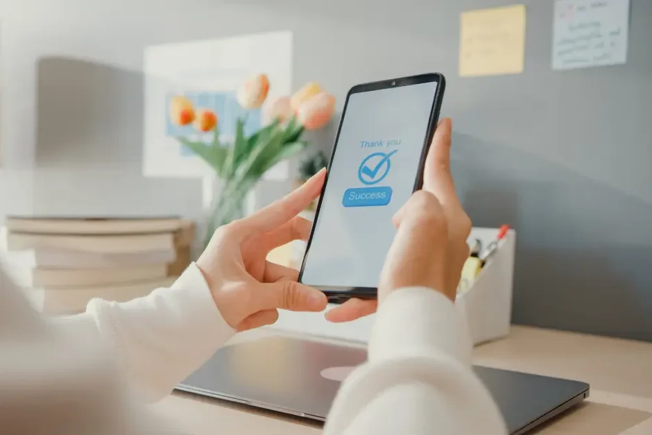 Person holding a smartphone displaying a screen with a blue checkmark and the words 'Thank you' and 'Success' in a home office setting with a laptop, books, and a vase of orange and white tulips in the background.