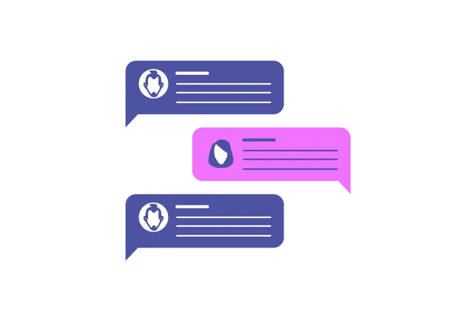 Illustration of three chat bubbles with avatar icons: two blue and one pink, representing a conversation.