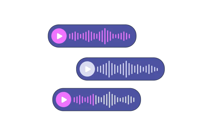 Digital illustration of three horizontal purple audio message bars with pink and white play buttons and varying waveform patterns, arranged vertically on a black background.