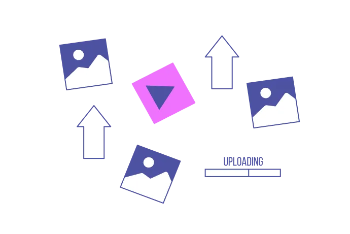Illustration of a purple play button surrounded by four image icons and three arrows pointing upward, with a reload progress bar at the bottom right.