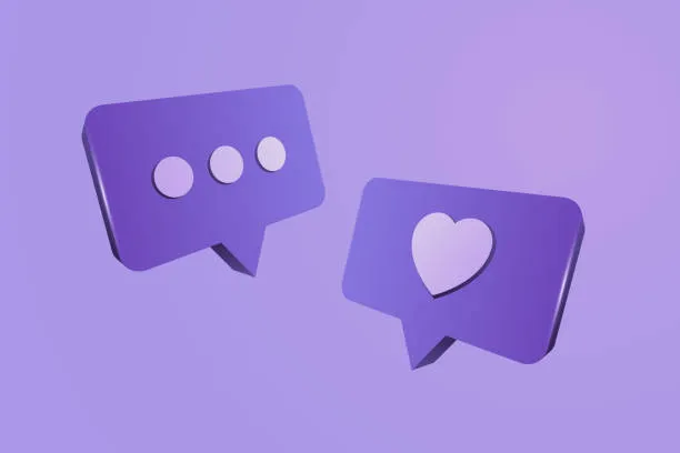 Two purple 3D speech bubbles on a light purple background, one with three dots representing a message and the other with a heart symbol representing a like or love reaction.
