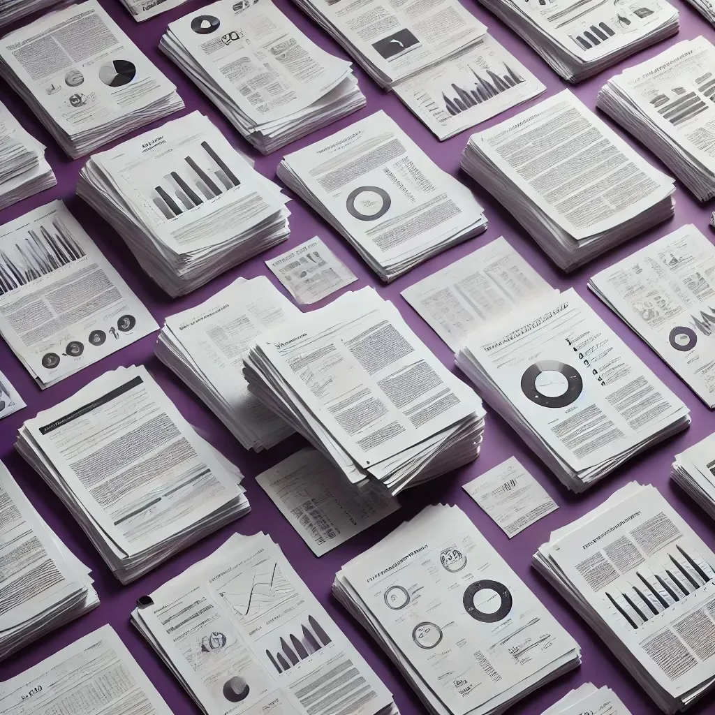 Multiple stacks of printed documents with text, graphs, charts, and pie diagrams arranged on a purple surface.