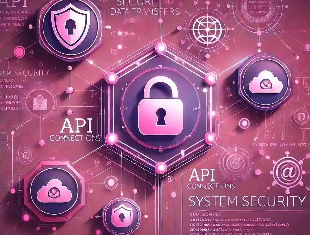 Digital graphic showing interconnected security icons including padlocks, shields, clouds, and the words 'API Connections' and 'System Security' representing secure data transfers and system protection.