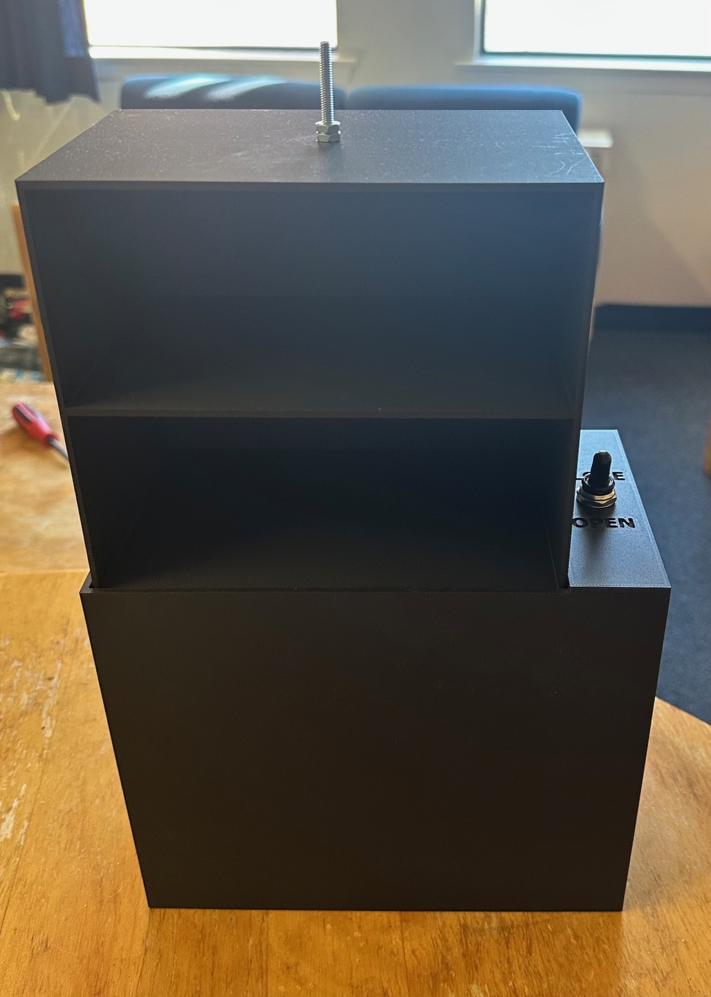 Prototype II printed casing with the shelf open