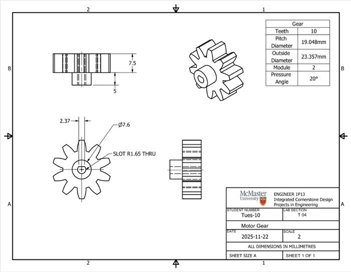 Motor gear transferring rotational motion from the servo motor to the gear train
