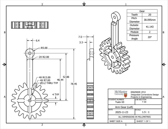 Left arm gear transferring rotational motion to the arms