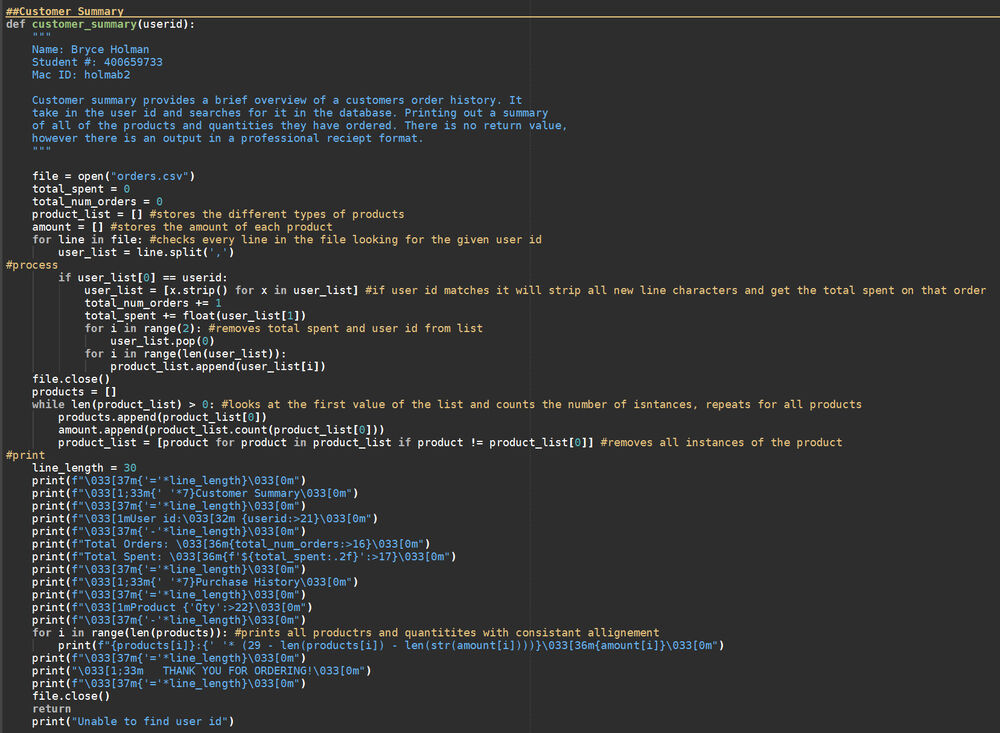 Customer summary function used to generate order history and spending totals